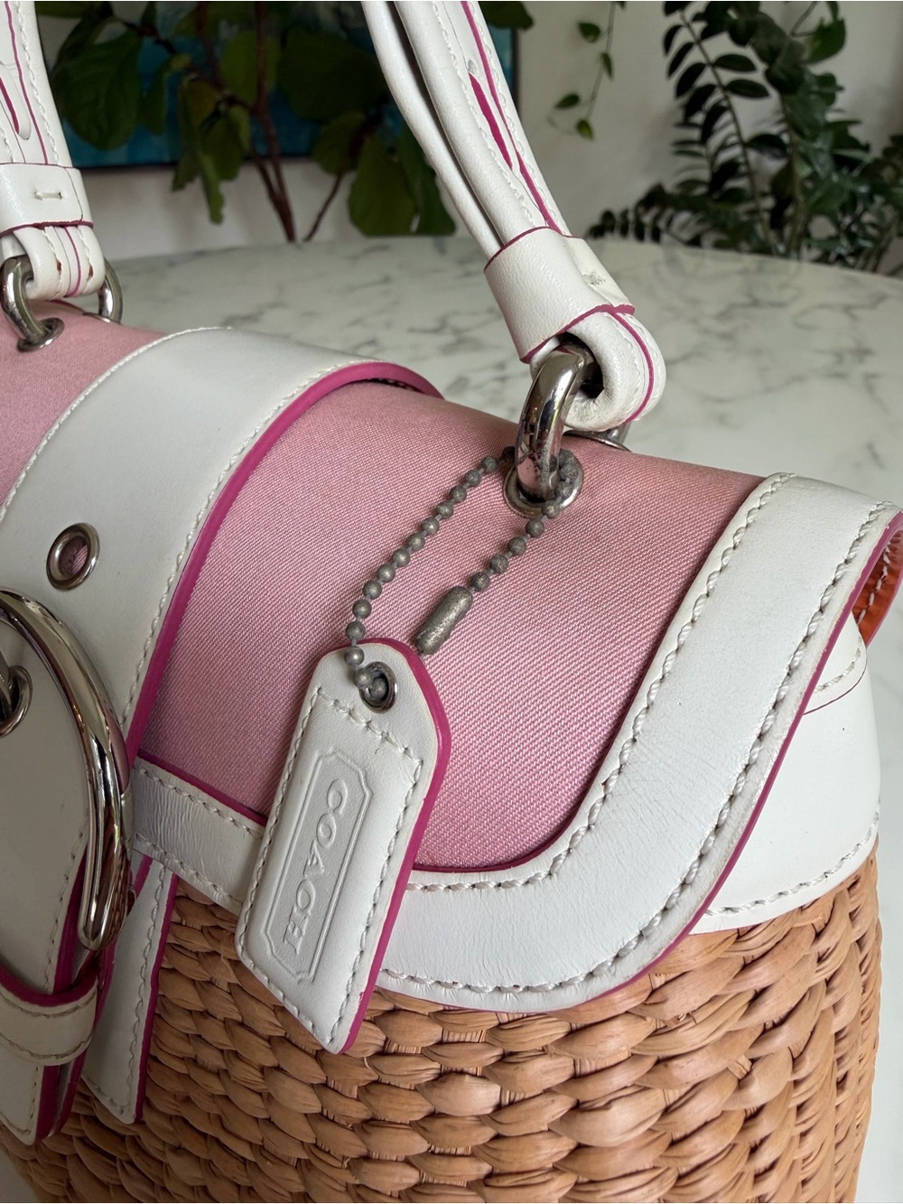 Coach Vintage Y2K Soho Straw Top Handle Basket Satchel Bag 6272 Pink White - Picture 16 of 16